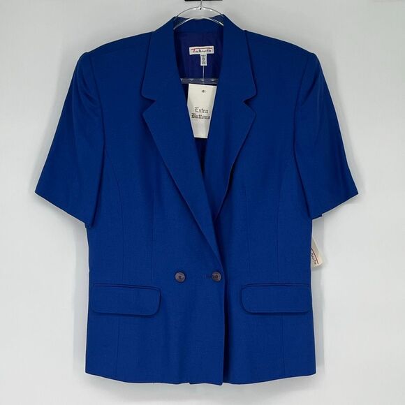 NWT TALBOTS Women Blazer Sz 14 Blue Short Sleeve Italian Fabric Double Breasted - Picture 2 of 15